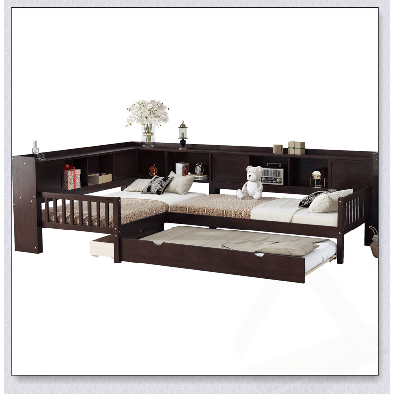 Lit plateforme simple en L avec lit gigogne, tiroirs de rangement et tablettes, sans sommier, conception peu encombrante