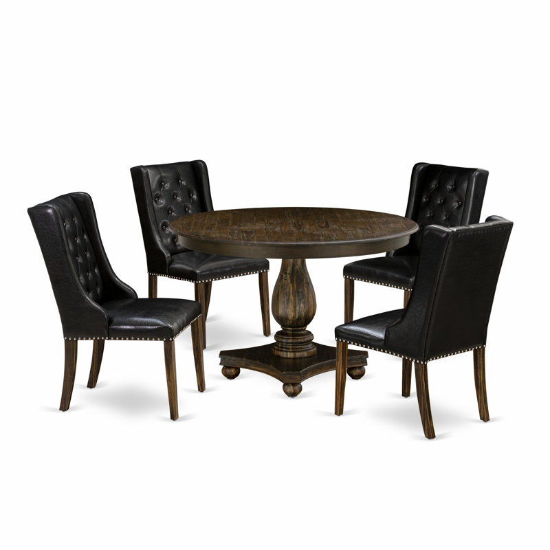 5 Piece Dining Set Includes a Round Dining Room Table with Pedestal and 4 Black Faux Leather Upholstered Chairs, Distressed Jacobean