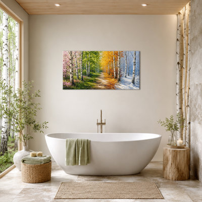  Art mural bouleau, sentier de la forêt quatre saisons en or rose vert et bleu, décor naturel panoramique pour le salon, la chambre à coucher et le bureau 12 x 24 po
