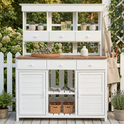 65. 7-inch tall garden potting station with hutch; patio storage workstation featuring 3 shelves, 6 drawers, 2 lower cabinets, and side hooks - suitable for mudroom or entryway - White finish