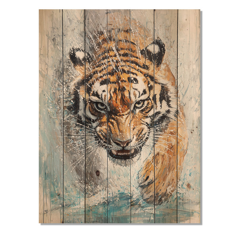 Abstrait chasse au tigre - Décoration murale moderne en bois sur bois de pin naturel, H 20 po x l 10 po