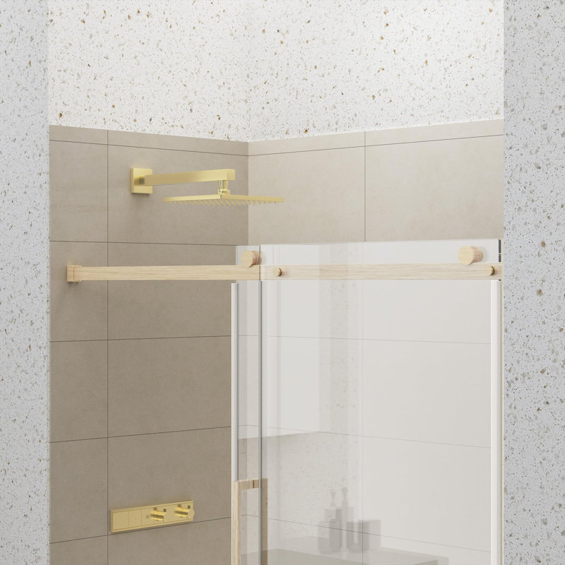 48" W X 76" H Single Sliding Frameless Shower Door With 5/16"(8Mm) Clear Tempered Glass, Brushed Gold
