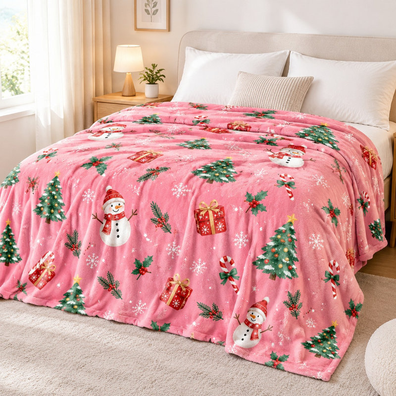 Couverture polaire festive à motif sapin et bonhomme de neige, douce et chaude, idéale pour canapé, chambre, salon et décoration intérieure.