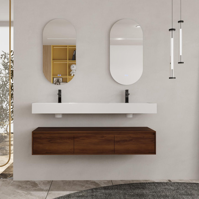Meuble-lavabo mural de 60 po avec lavabo en résine, tiroir à fermeture en douceur et fixation flottante