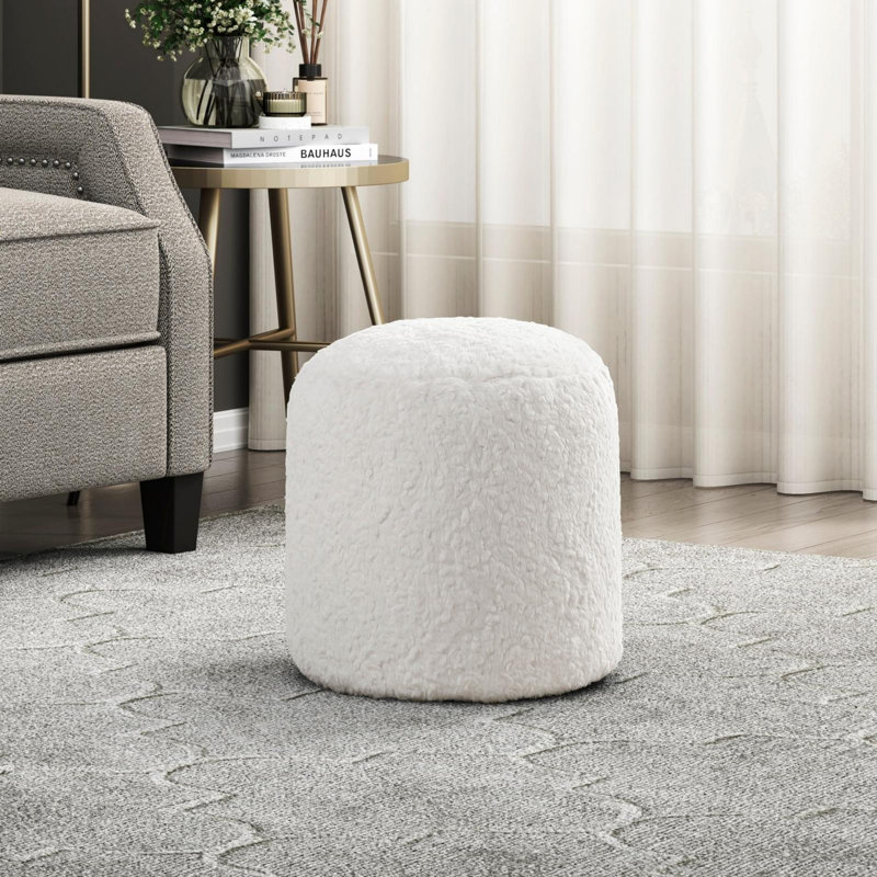 Off-White Faux Fur Round Pouf Ottoman