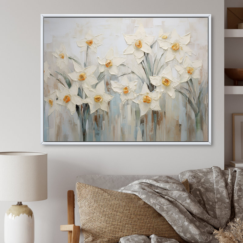 Minimalisme - jonquilles blanches II - impression, H 34 po x l 44 po x P 1,5 po, Cadre flottant blanc