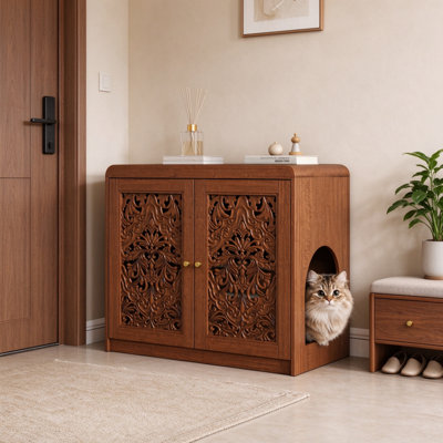 Walnut Hollow-Carved Cat Litter Box Enclosure Cabinet, Multi-Purpose Sideboard with Vent and Large Cat Entry for Living Room & Entryway, Litter Box and Mat Not Included