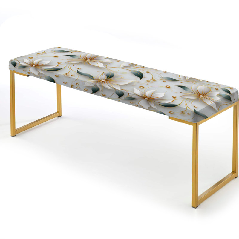 Banc floral rembourré or, Glamour doré et opulence de marbre blanc perle
