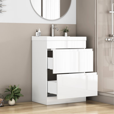 Meuble-lavabo de 24 po avec lavabo, 2 tiroirs, mécanisme de fermeture en douceur, cuve en céramique à bords épais, poignée, blanc brillant, grande surface réfléchissante d'armoire à tiroirs silencieux
