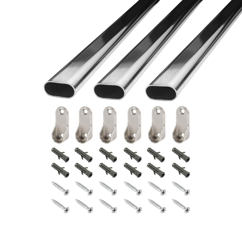 Tringle de garde-robe ovale en acier de 18 po de long avec supports de suspension, ancrages muraux, vis | Finition chrome poli | Ensemble d'installation complet (paquet de 3)