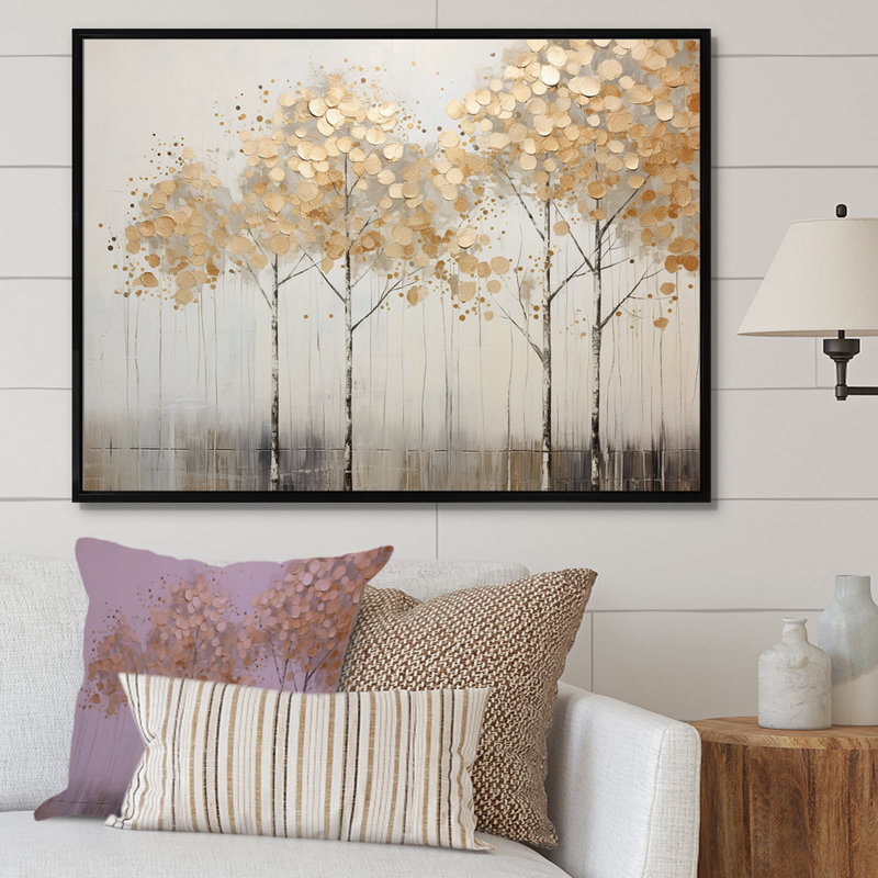 Minimalisme Golden Trees Tranquility - arbres, reproduction sur toile, 16" H x 32" W, Cadre flottant noir
