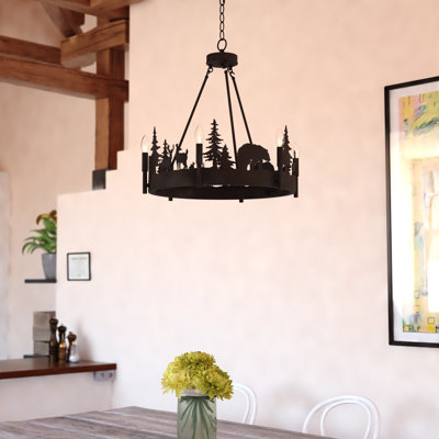 Lustre rustique 6 lumières Acadia Lodge, finition bronze, anneau de veilleuse à DEL intégré, motif de silhouette de forêt, 23,5 po de largeur, hauteur réglable