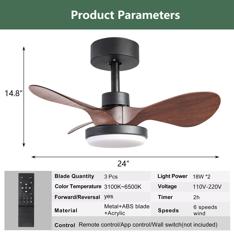 Petit ventilateur de plafond noir 24 po avec télécommande, Brun