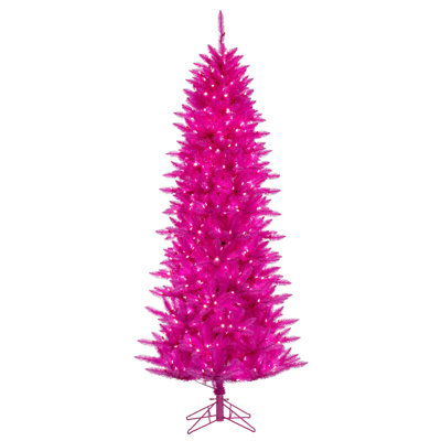 Vickerman 4.5' x 24" Hot Pink Artificial Pre-Lit Christmas Tree with 250 Pink LED Mini Lights, 437 Realistic PVC Tips, 6' Step On/Off Power Cord and Folding Metal Tree Stand. Assembly is required.