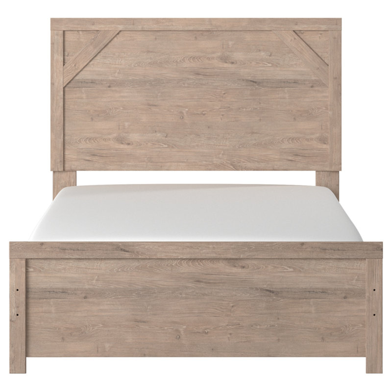 Light Brown and White Full Upholstered Wood Frame Bed with Headboard and Drawer