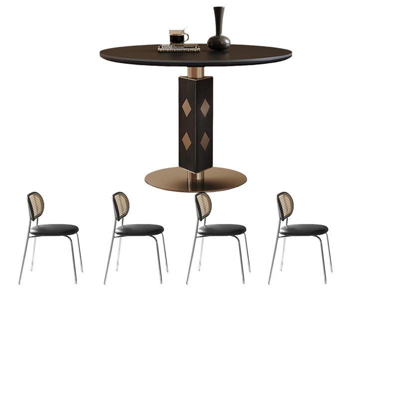 Matte Rock Slab Dining Table Sets., Table, 4 Chairs, Dark Brown
