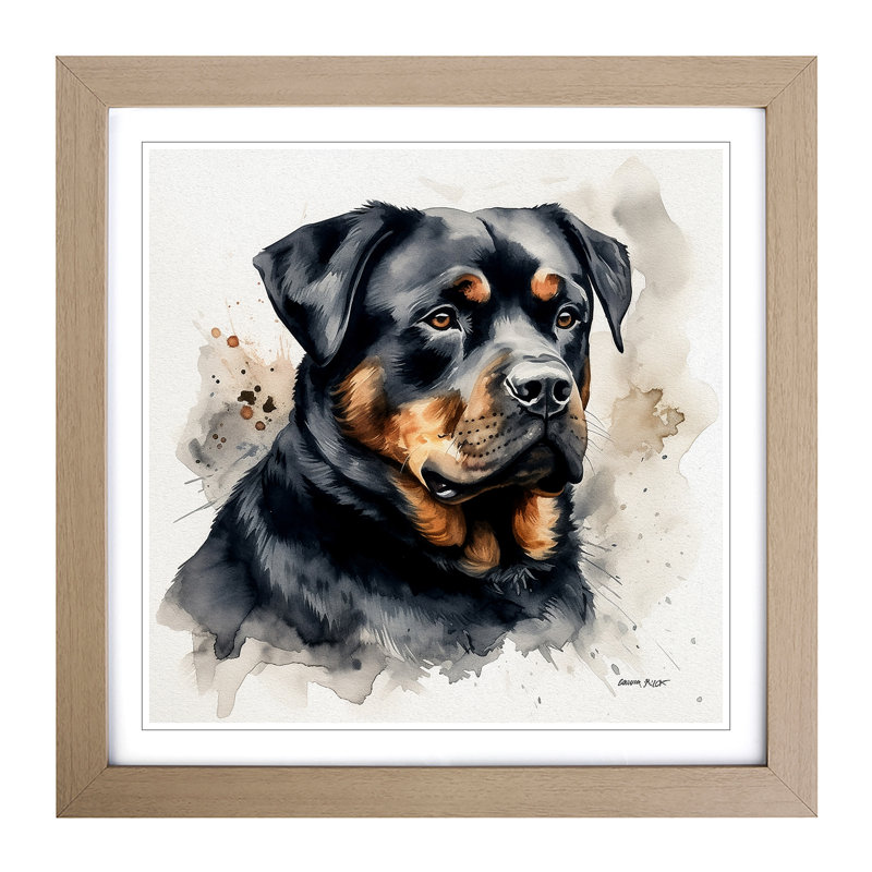 Rottweiler Ink Wash No.1 - Single Picture Frame Print on Wood, Oak