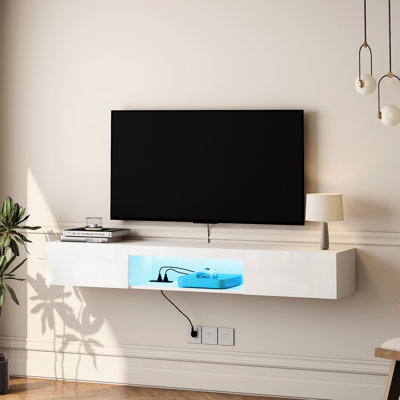 63" Floating Tv Stand With 16 Color And Strong Load Capacity, White Entertainment Unit Cabinet 16-Color Lights, For 55 60 65" Tv, White, Profuse Storage Space