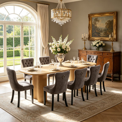 11-Piece Oval Extendable Dining Table Set for 10, 63"-95" Farmhouse Kitchen Table with Fluted Curve Base and 10 Velvet Tufted Chairs