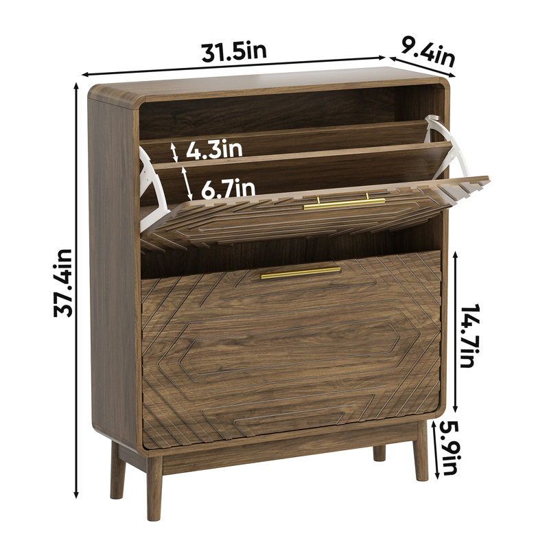 31.5" Walnut Shoe Cabinet, Mid-Century Modern Freestanding Shoe Cabinet, Freestanding Organizer With 2 Flip-Top Drawers