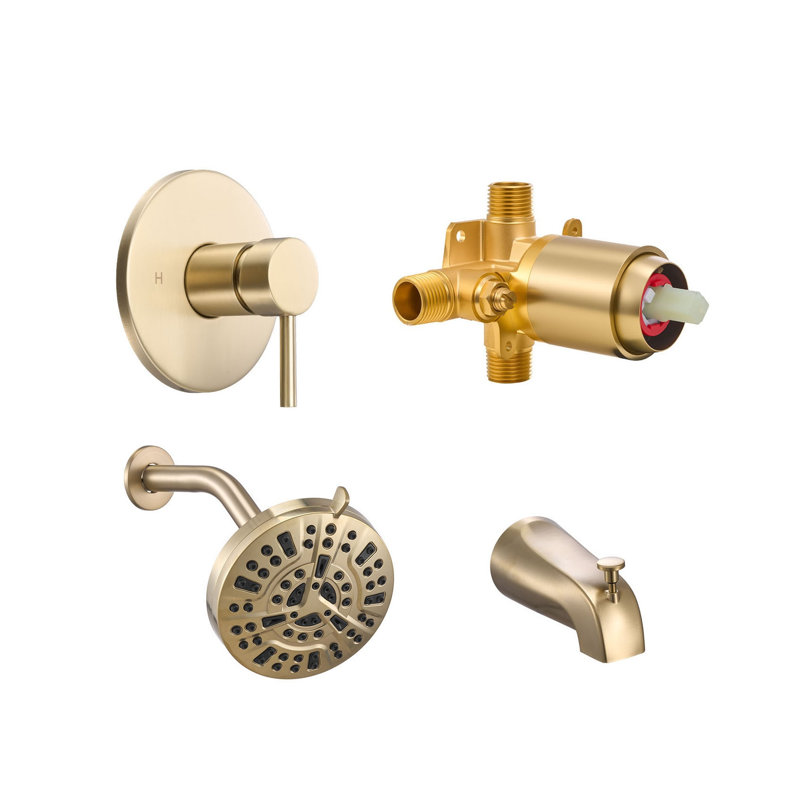 Ensemble de robinetterie de baignoire et de douche fini doré avec pommeau de douche effet pluie de 12,7 cm, jet à 8 positions et ensemble de garniture de soupape d'équilibrage de pression