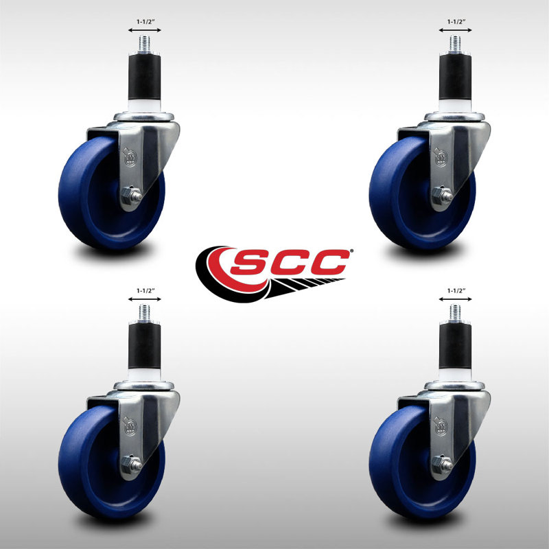 4 Inch SS Solid Poly Wheel Swivel 1-1/2 Inch Expanding Stem Caster Set SCC