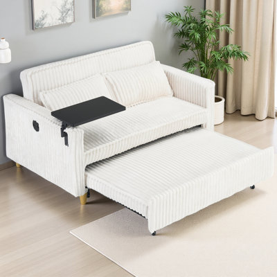 Le canapé en velours côtelé coulissant et à pousser avec double fonction, équipé d'un plateau de table mobile et de ports USB, convient aux salons et aux chambres à coucher