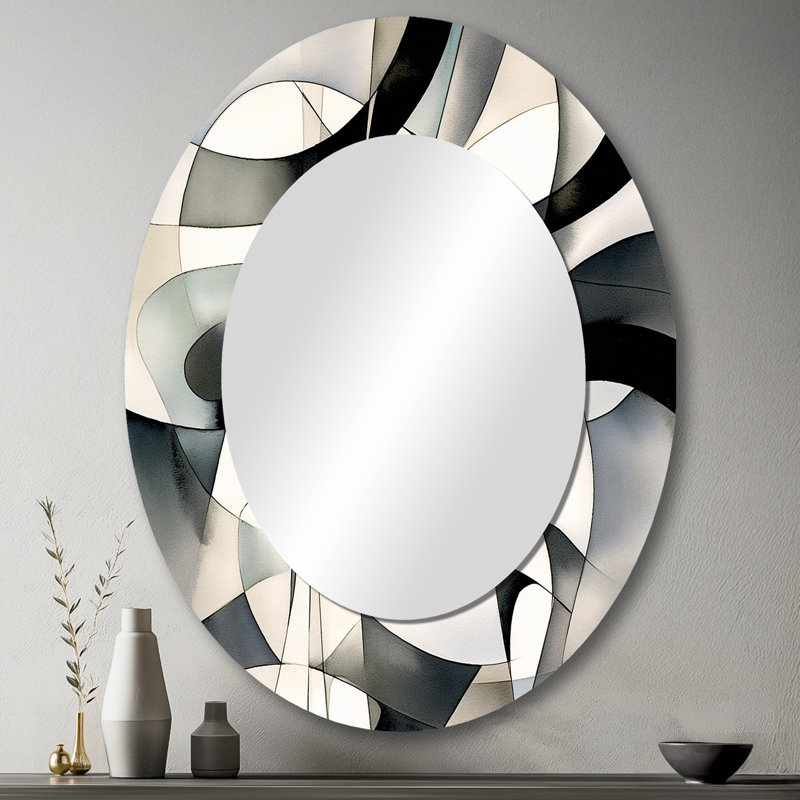 Abstract Neutral XIII - Large Oval Wall Mirror On Metal, 43" x 33"