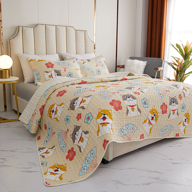 Ensemble de courtepointe de dessin animé chiot avec taie décorative, Couvre-lit simple + 1 taie décorative