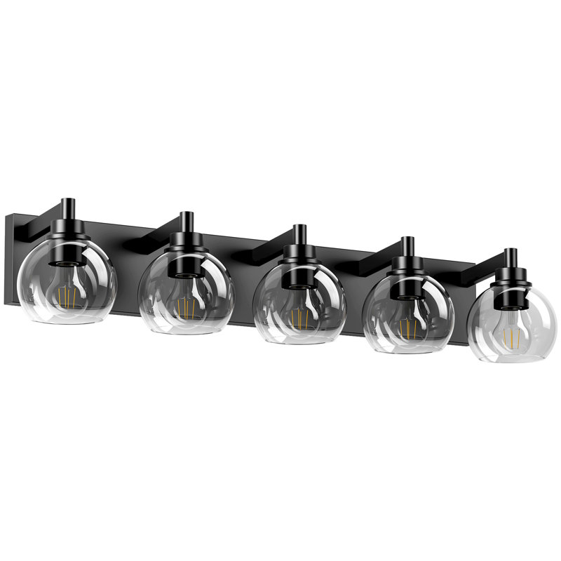 5-Light Matte Black Vanity Light, Modern Globe Glass Bathroom Wall Sconce For Mirror, 5 Lights, 7.9" H x 33.5" W x 6.97" D