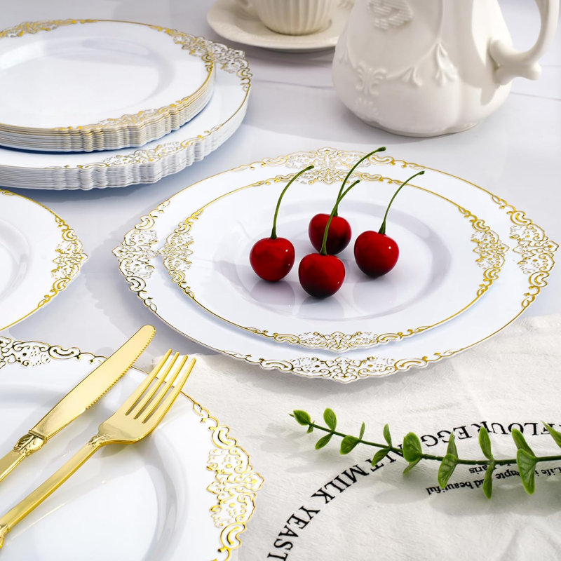 Ensemble de 350 assiettes en plastique blanc et or pour 50 invités