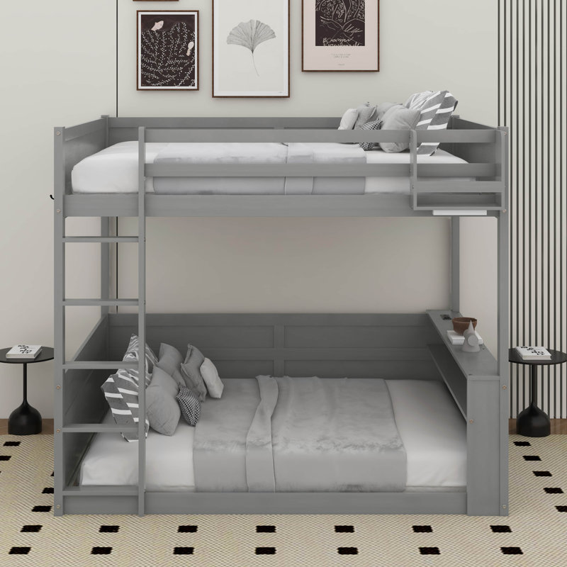 Grand lit superposé en bois avec tablettes intégrées, lumière DEL et USB, Gris