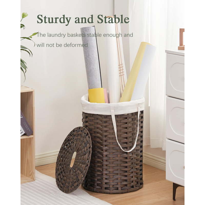 Wicker Laundry Hamper With Lid And Removable Lining - 19 Gallon Round Rattan Laundry Basket With Handles And 2 Mesh Bags For Bathroom Or Living Room Storage