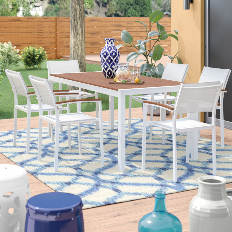 Aynura Modern Patio Dining Set for 6 with Stackable Chairs, Umbrella Hole Table, Rust-Resistant Frame and Rectangular Outdoor Table
