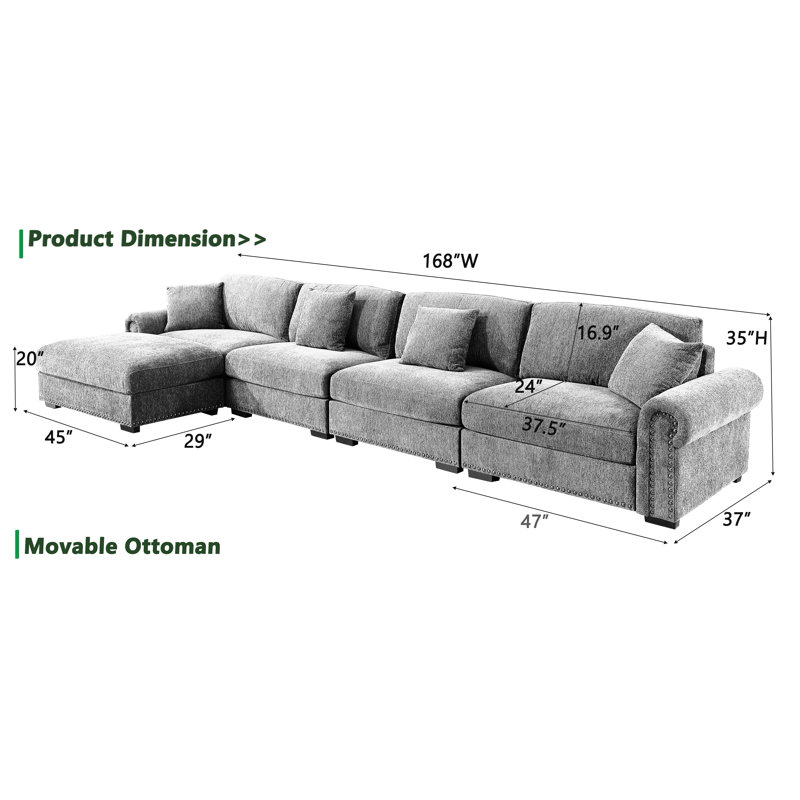 Canapé modulaire moderne en L avec repose-pieds mobile, Polyester gris clair