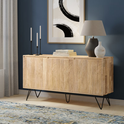 Hunter 60"W Solid Mango Wood Contemporary 3-Door Sideboard Buffet with Adjustable Shelves and Metal Legs