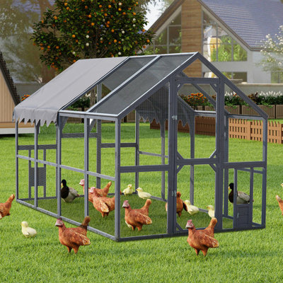 Parc d'extérieur pour animaux de compagnie 110 po avec housse imperméable amovible grise, accès pour l'observateur, deux petites portes d'accès, filet de protection galvanisé, grand toit de chaton pour aire de jeux spacieuse
