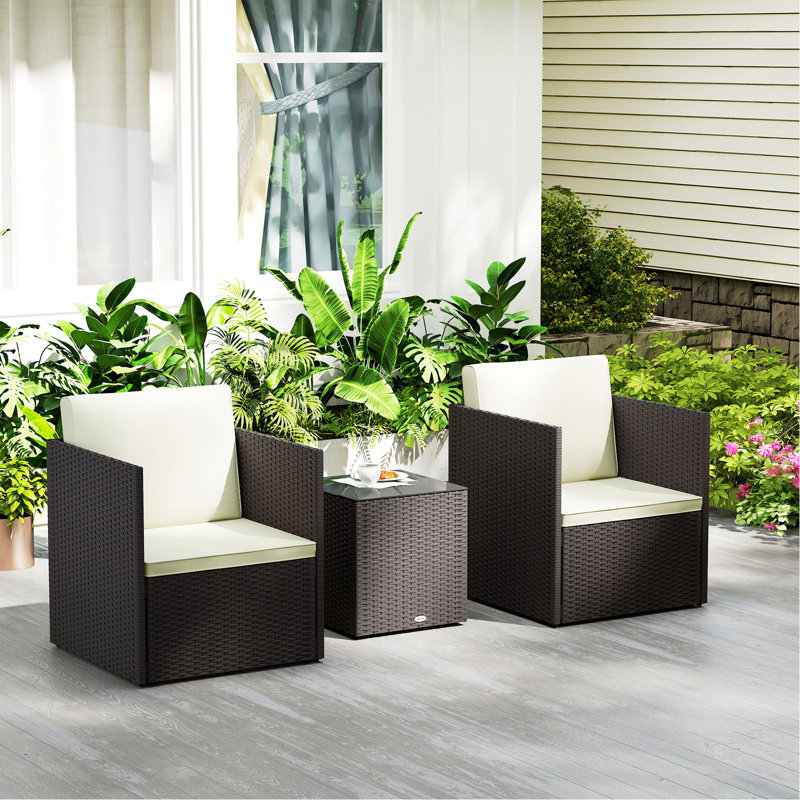 Ensemble de mobilier de patio 3 pièces, ensemble de bistro pliant en osier avec coussins et table basse en verre, facile à assembler pour la véranda, balcon, brun
