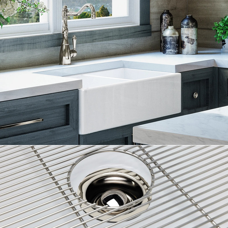 Luxury 33" L x 20" W Double Basin Undermount Kitchen Sink with Basket Strainer, Polished Nickel Accessories
