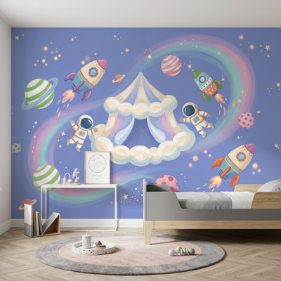 Papier peint espace Astronautes arc-en-ciel pastel
