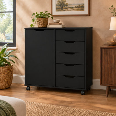 Black Wooden 5-Drawer Chest with 1 Door and Wheels, a Storage Dresser Cabinet for Office Organization, Storage or Bedroom Furniture