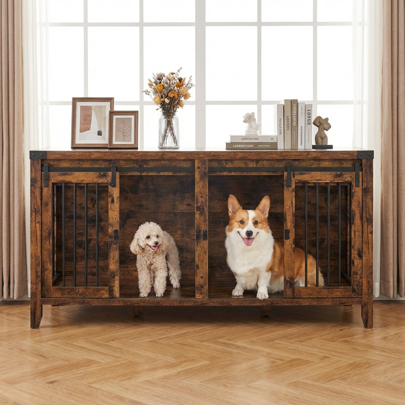 Colyt 64" W Wood and Steel Dog Crate with Sliding Doors, Rustic Brown