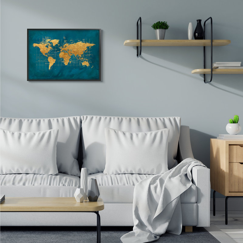 «World Map Gold Blue Texture Watercolor Map Design» par Beth Albert - impression d'art graphique, Giclée encadrée noir minuit
