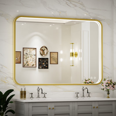 Rectangle LED Bathroom Mirror, Metal Frame Vanity Mirror with Lights, Anti-fog, Dimmable&3 Colors Temperatures Adjustable, Memory Fuction