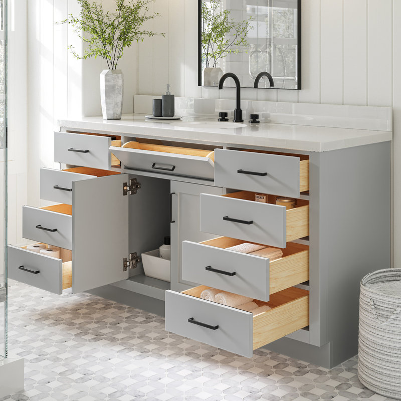 Thornaby 66'' Solid Wood Single Bathroom Vanity with 1.5'' White Quartz Top, Gray, Oval