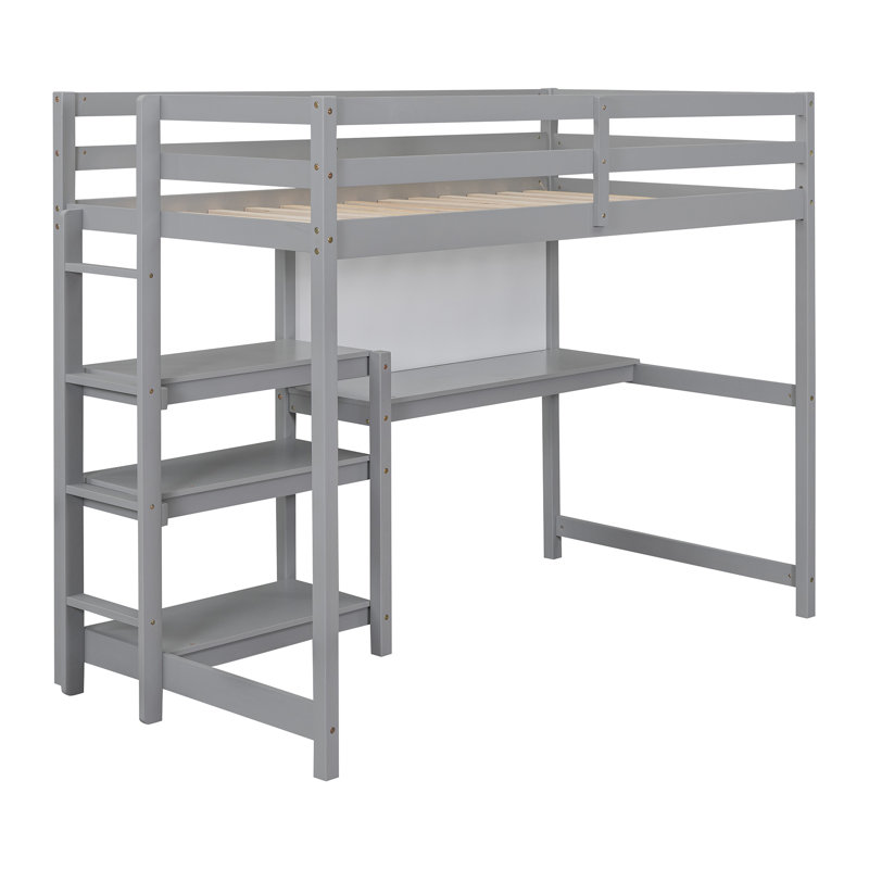 Lit mezzanine en bois avec tablettes, bureau et tableau d'écriture, Gris