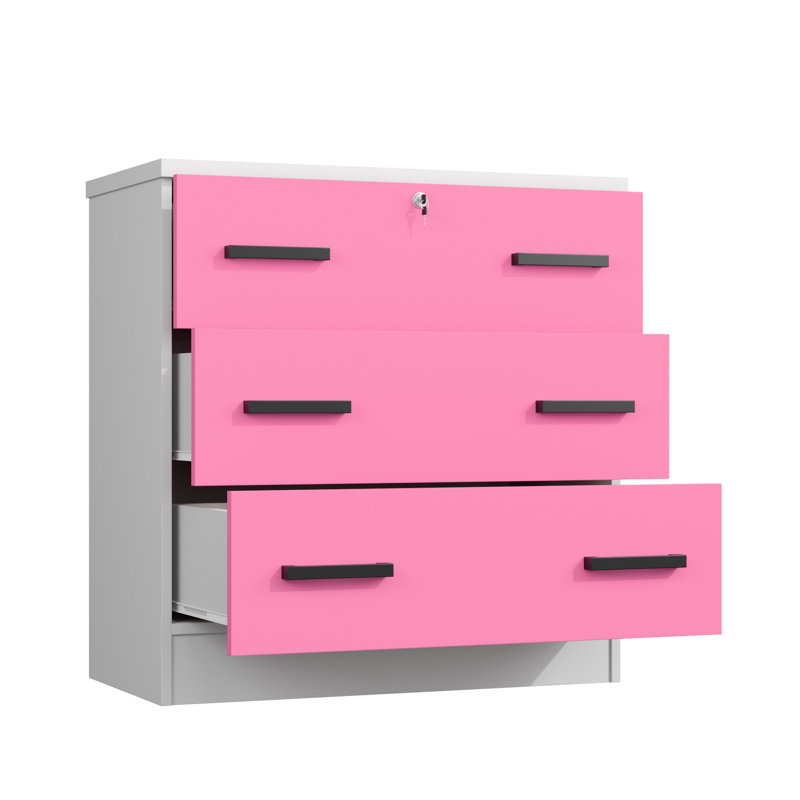 Commode 3 tiroirs, Blanc/rose