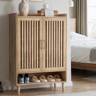 Armoire à chaussures 24 paires avec portes à lattes, range-chaussures en bois avec 7 tablettes réglables pour le vestibule et le salon