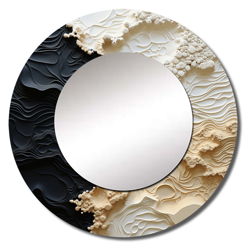 Rheam Abstract Cream And Black Liquid Paint - Coastal Unique Wall Mirror, Cream Round Mirror, Printed Metal Art, 36" x 36"