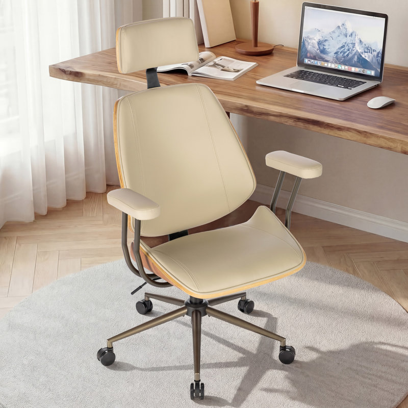 Fauteuil de bureau ergonomique en similicuir de style milieu du siècle et fauteuil de direction pivotant, Beige